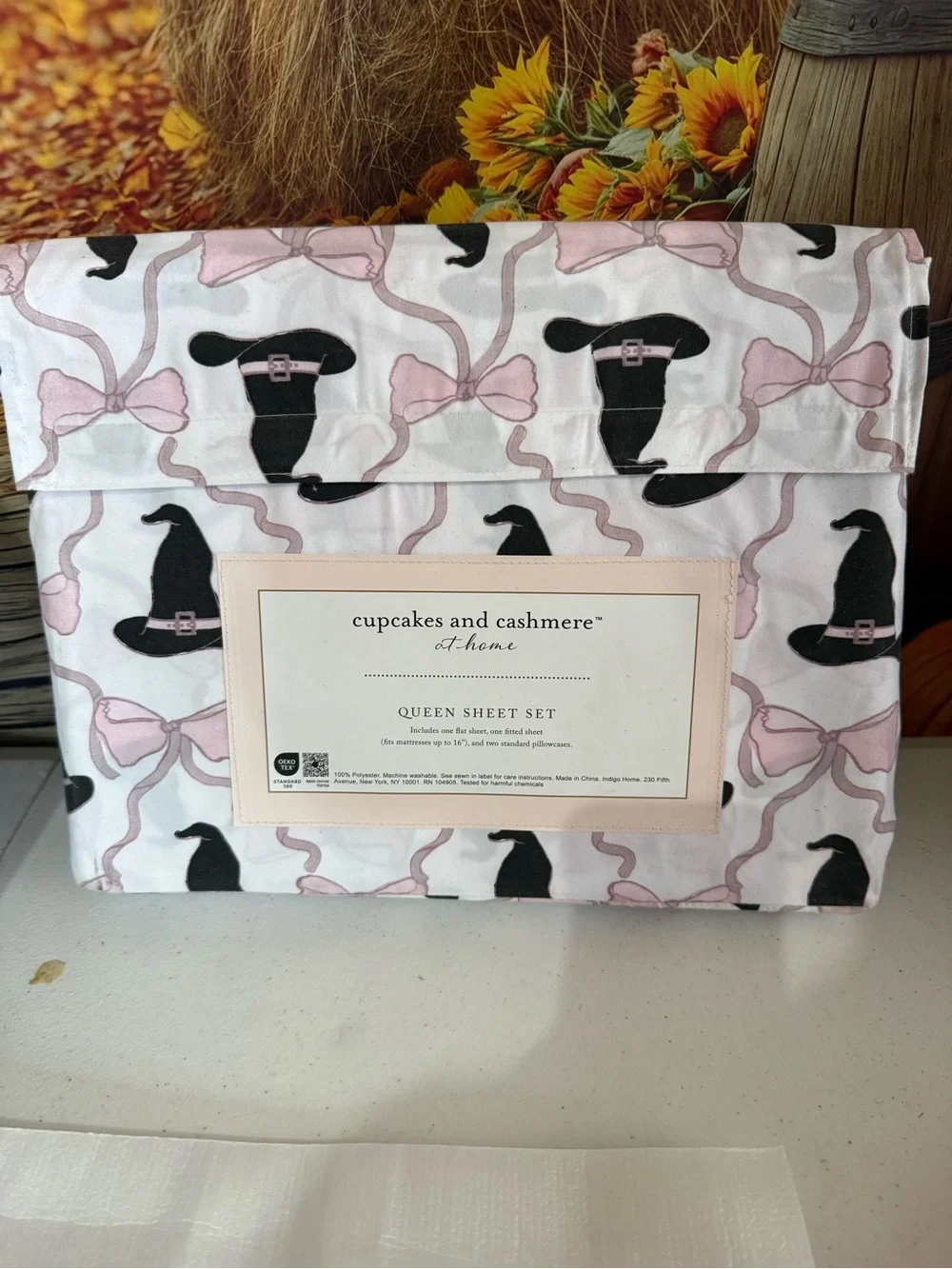 cupcakes & cashmere White Sheet Set with Pink Bows and Black Silhouettes